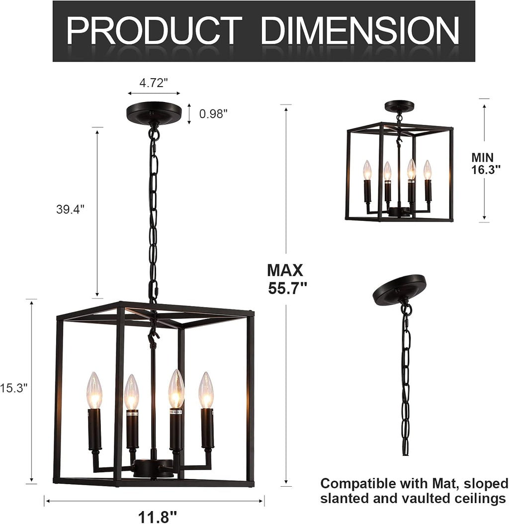 Matte Black 4-Light Metal Cage Pendant Light Chandelier D2674