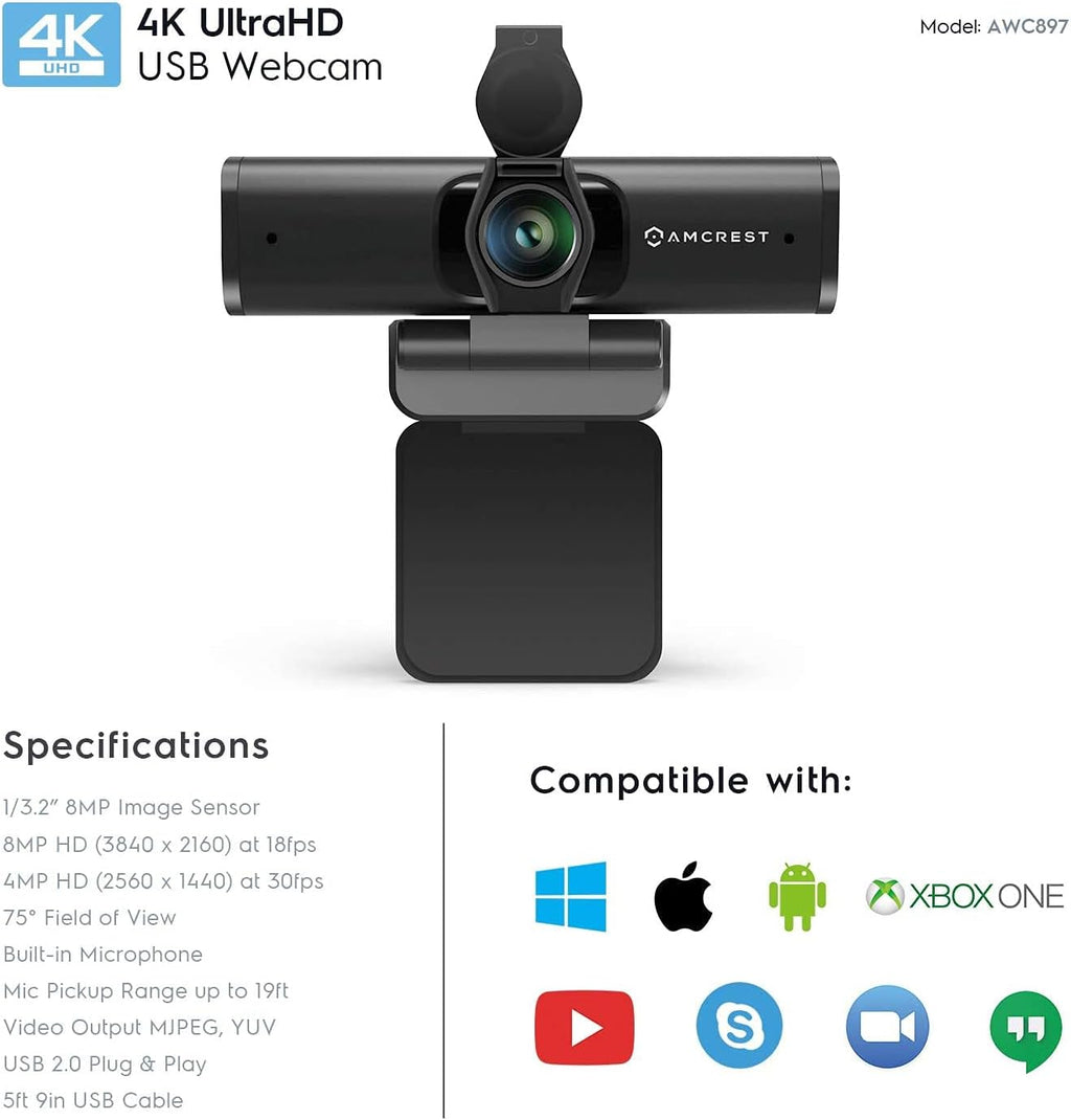 4K Webcam with Microphone & Privacy Cover, USB Camera, Wide Angle Lens U438717