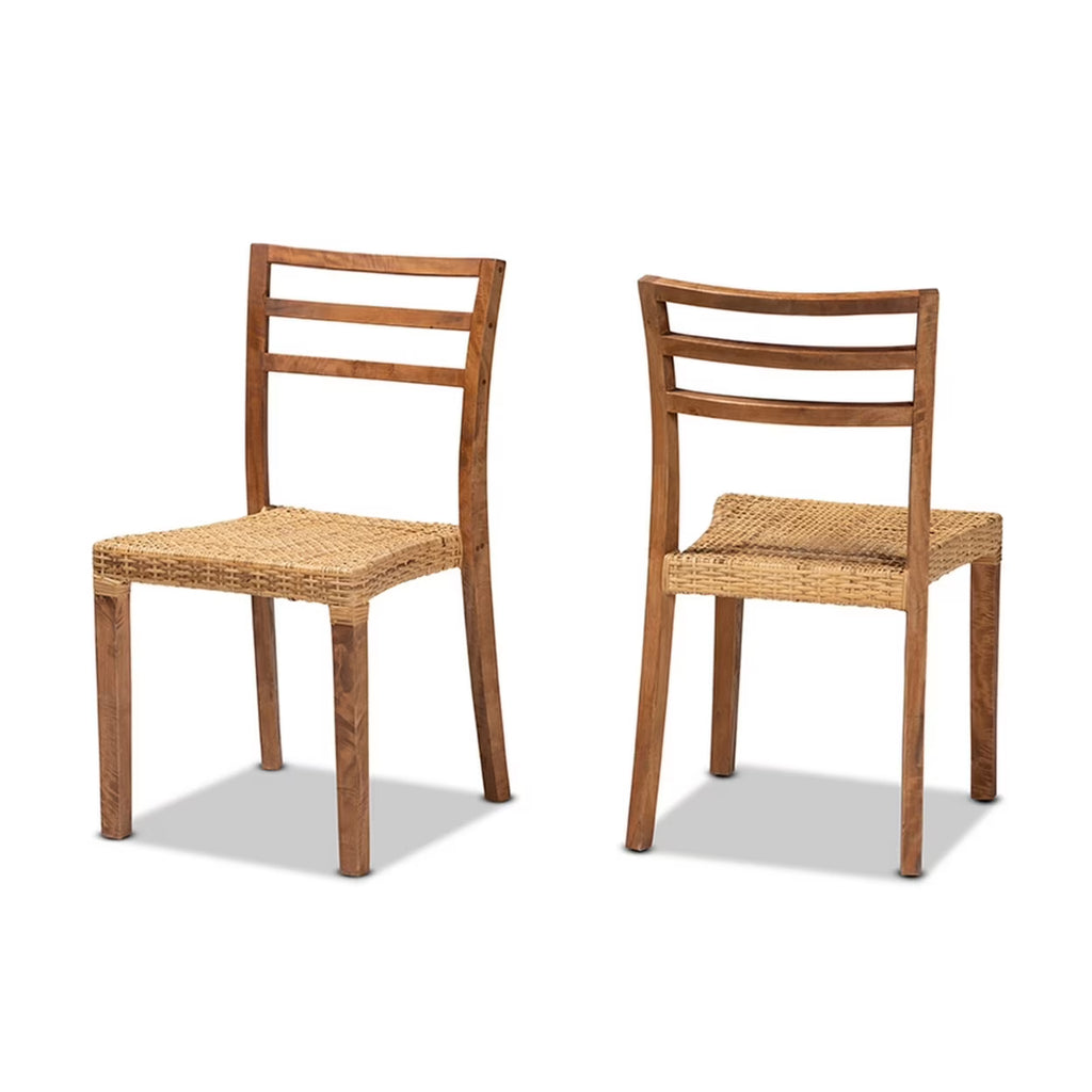 Walnut Brown Wood and Natural Rattan 2-Piece Dining Chair Set S2657