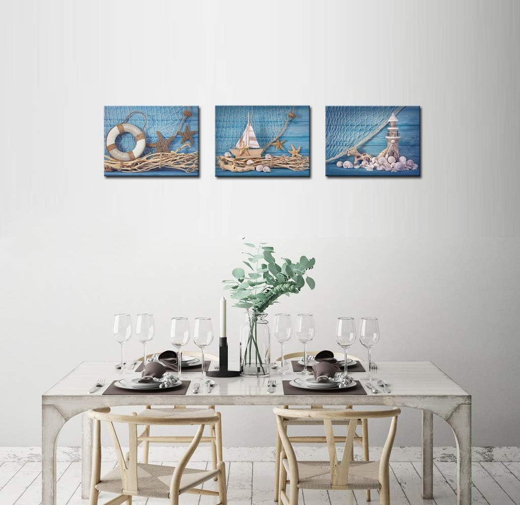 3 Piece Beach Canvas Wall Art Seashell Startfish with Blue Board Picture Prints Maritime Sailing Boat Lighthouse Poster Painting Y87879