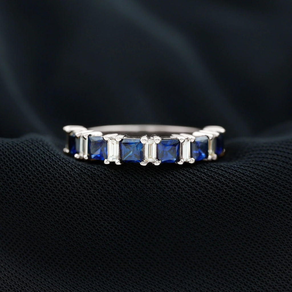 Lab Created Blue Sapphire Half Eternity Ring with Diamond - 2 CT, 14K White Gold, US 6.00 L617