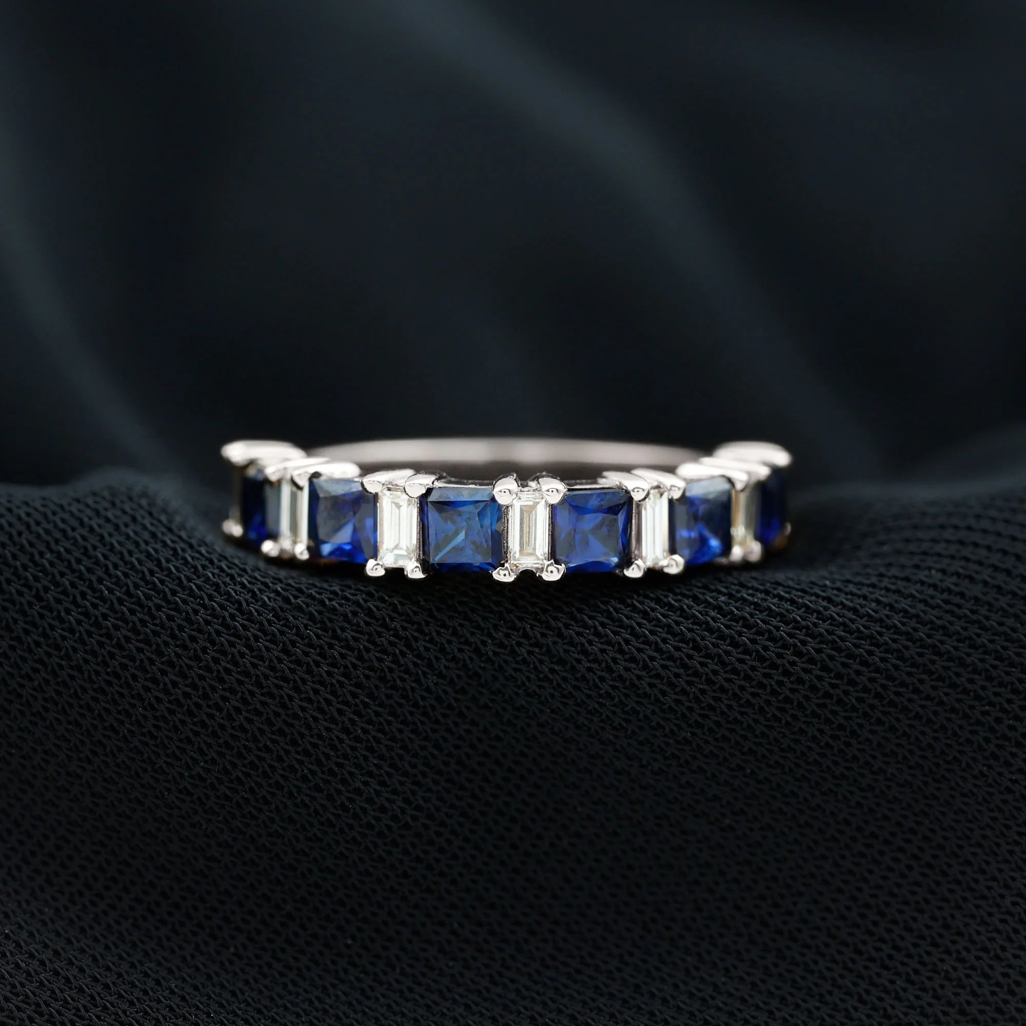 Lab Created Blue Sapphire Half Eternity Ring with Diamond - 2 CT, 14K White Gold, US 6.00 L617