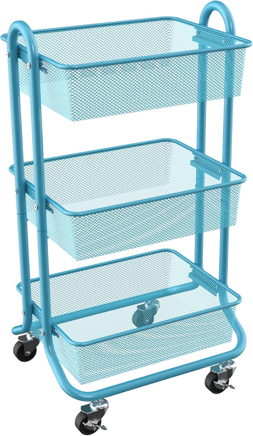 Turquoise 3 Tier Metal Rolling Utility Cart with Handle and Locking Wheels Z6072