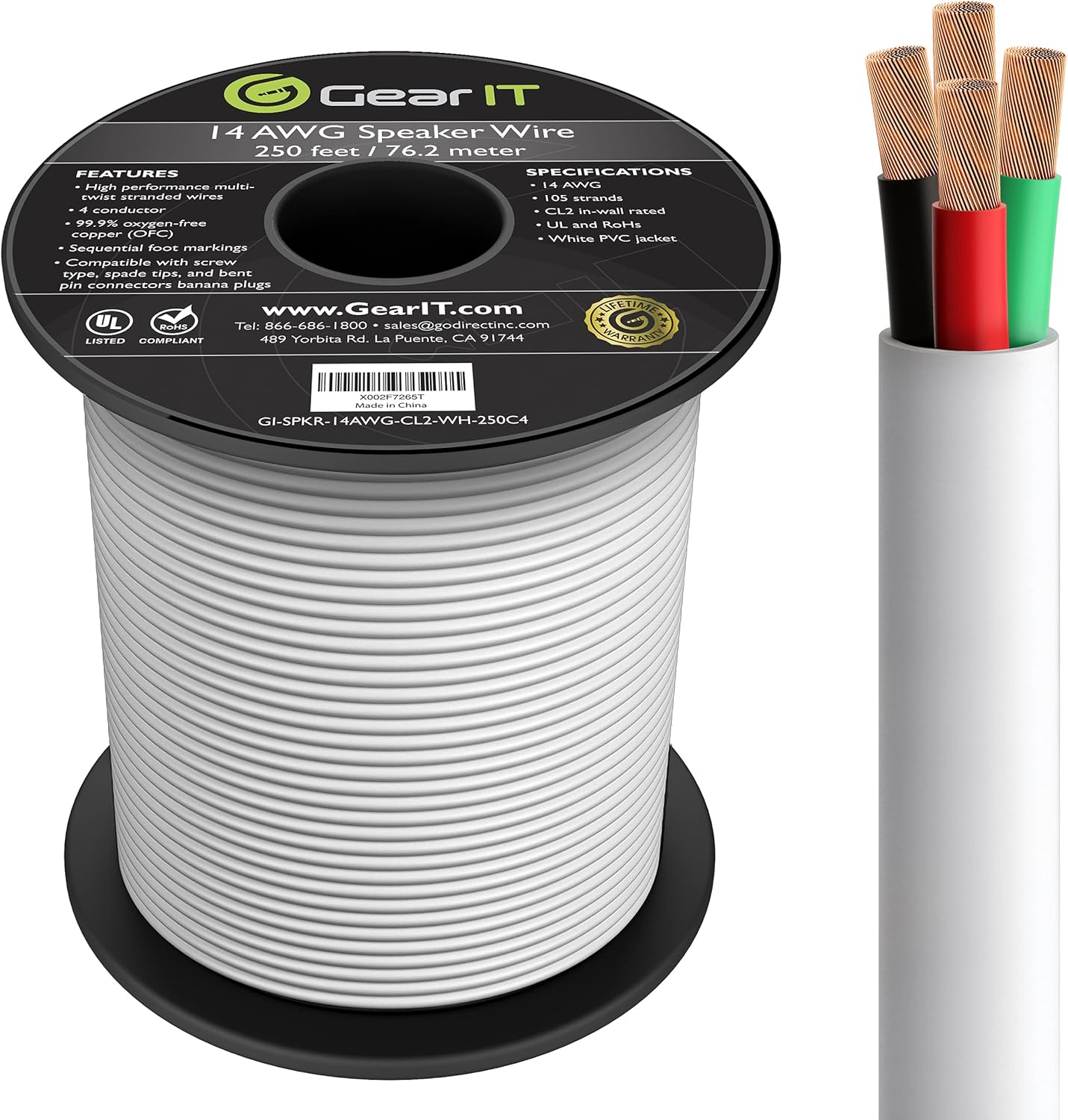 14/4 250ft CL2 Rated OFC Oxygen-Free Copper Speaker Wire J795534