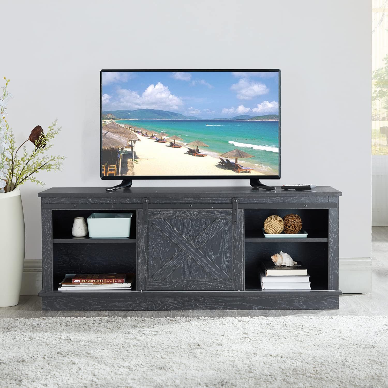 Grey Sliding Barn Door TV Stand with Storage Cabinet and Shelves N7147