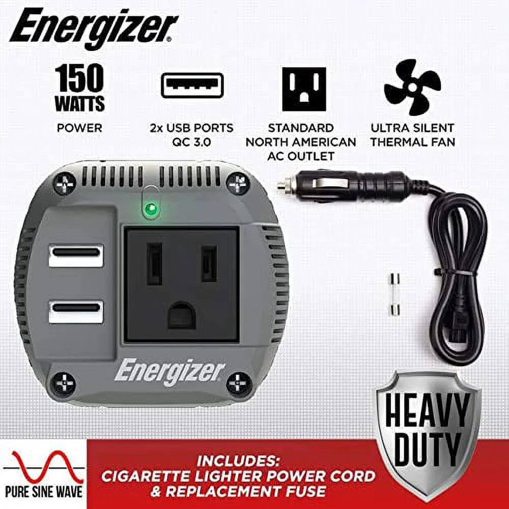 150 Watt Pure Sine Wave Car Power Inverter with Cigarette Lighter Plug and 2 USB Ports Q7852