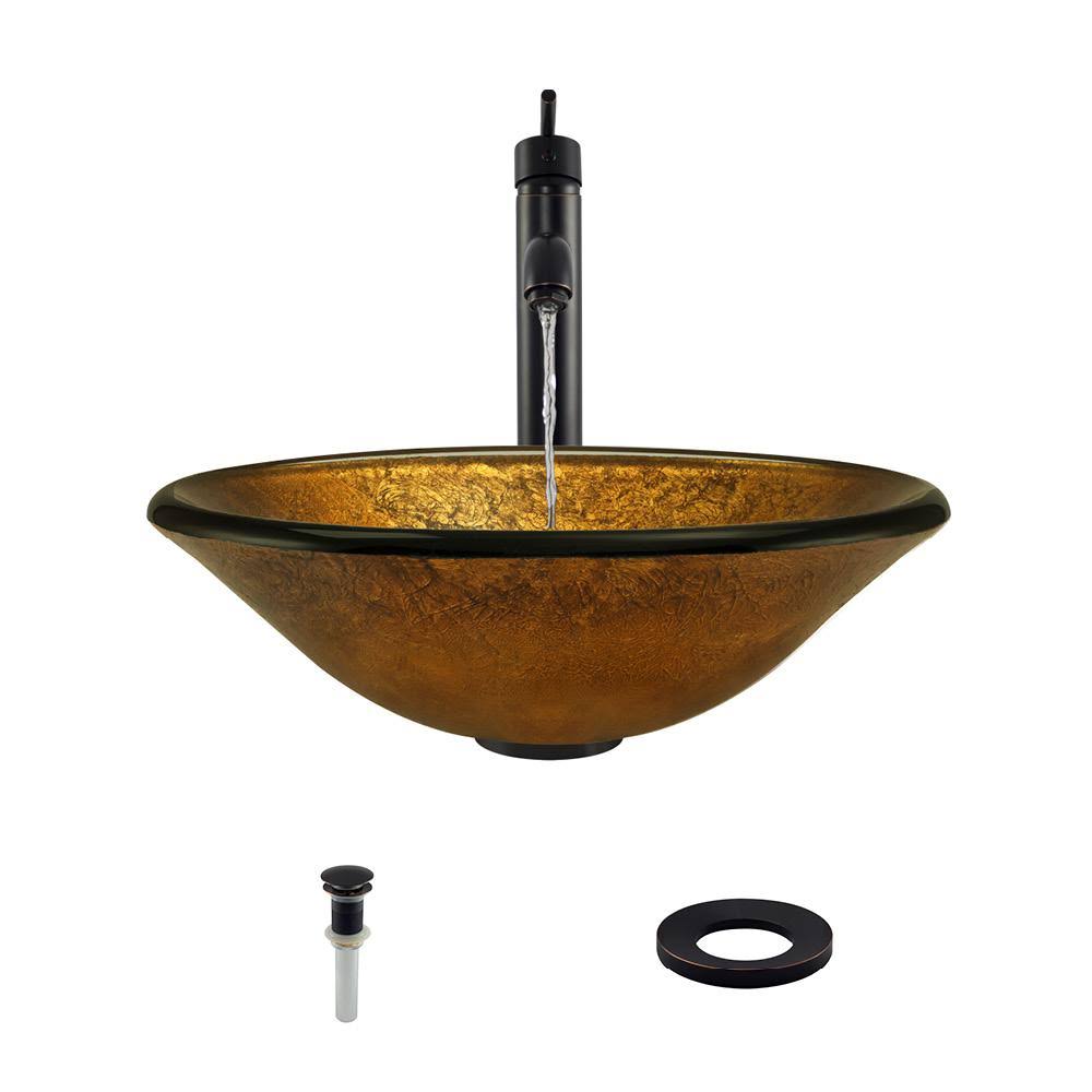 Vessel Sink Ensemble with Antique Bronze Finish Faucet, Pop-Up Drain, and Sink Ring E83923