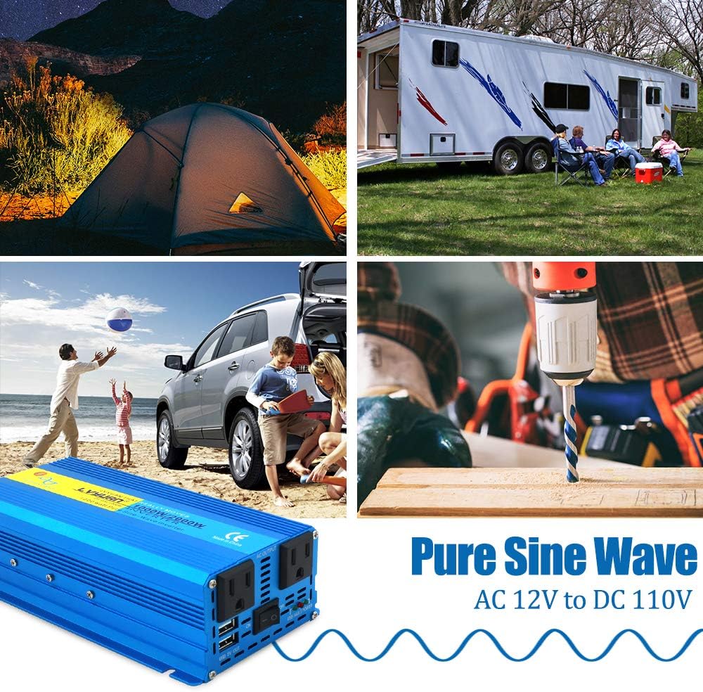 1000W Pure Sine Wave Power Inverter 12V to 110V DC to AC Converter Dual USB Ports Dual AC Outlets Pack of 2 Y39590