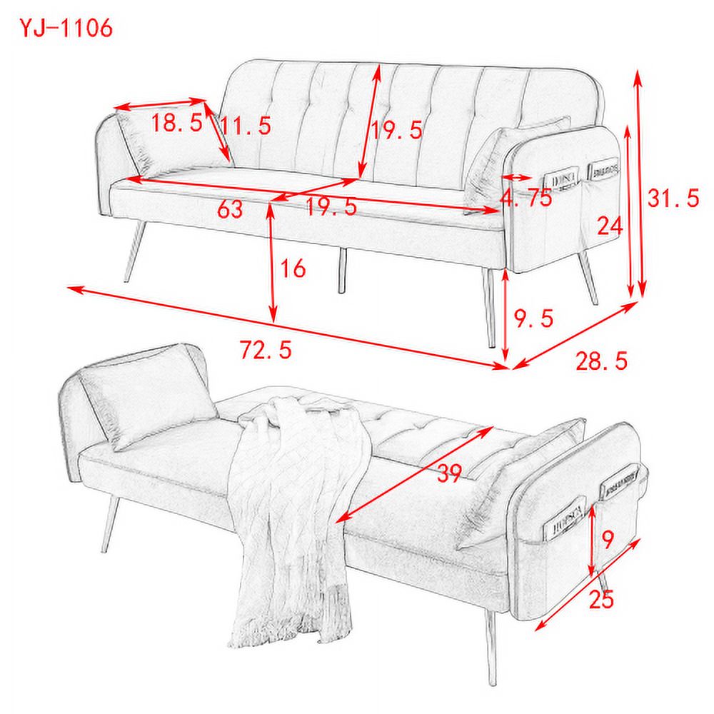 Convertible Velvet Sofa Bed with Two Pillows and Center Leg A92722