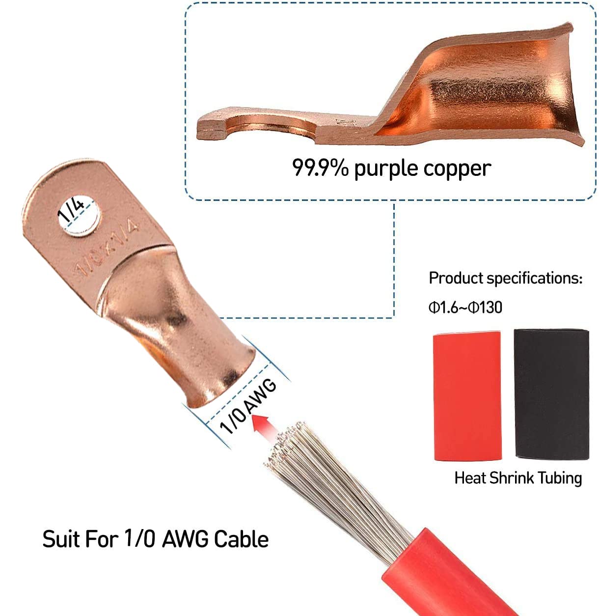 12PCS 1/0x3/8 Copper Ring Terminal Connectors 1/0 AWG Heavy Duty Battery Cable Ends Bare Copper Lugs with 12 PCS 3:1 Heat Shrink Tubing T692807
