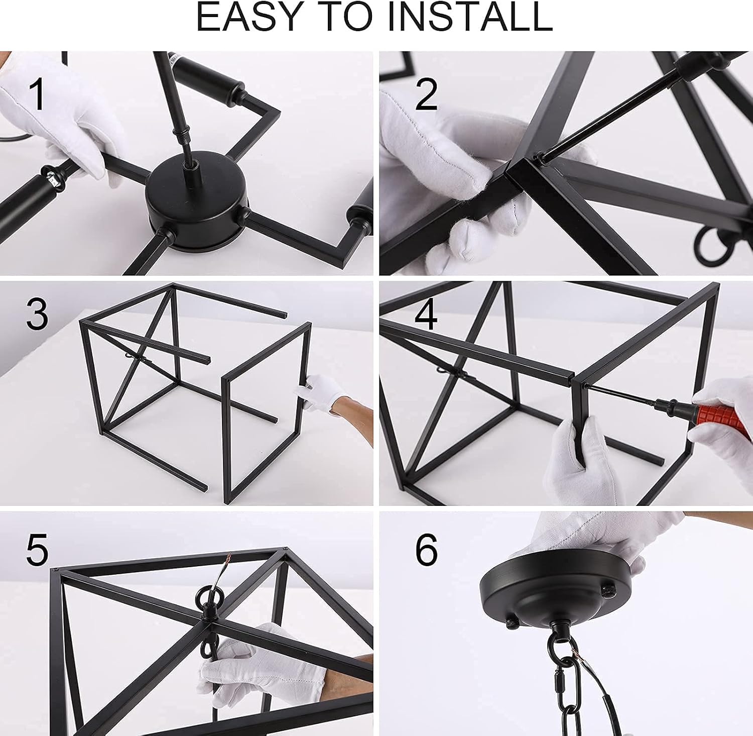 Matte Black 4-Light Metal Cage Pendant Light Chandelier D2674
