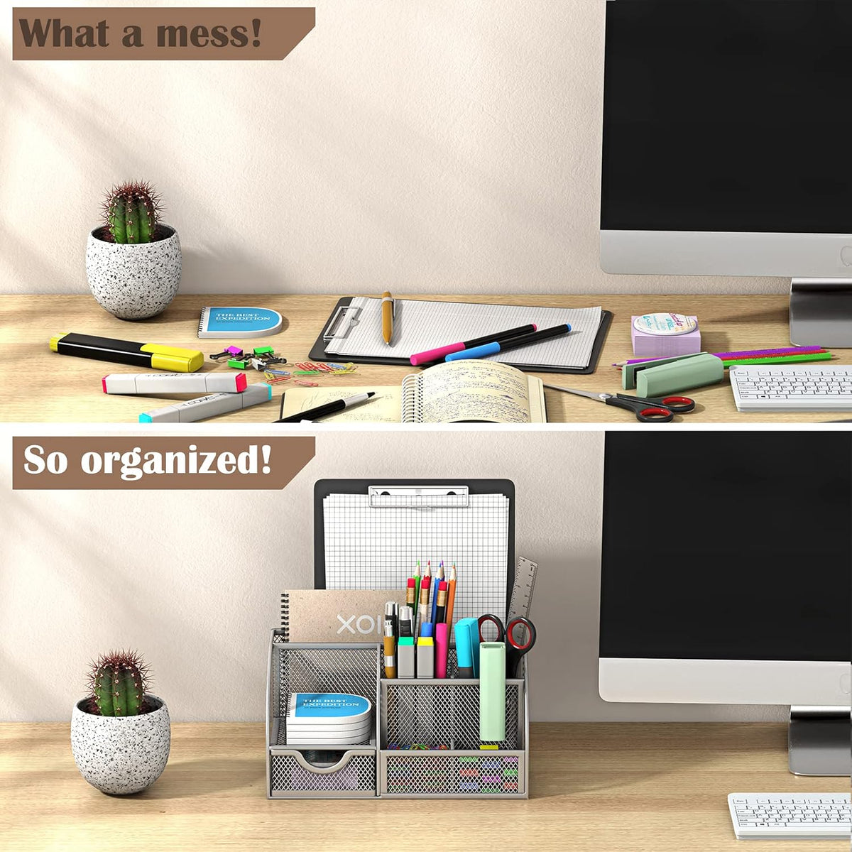 Metal 6 Compartment Desk Organizer with Drawer, Pack of 2 J949738