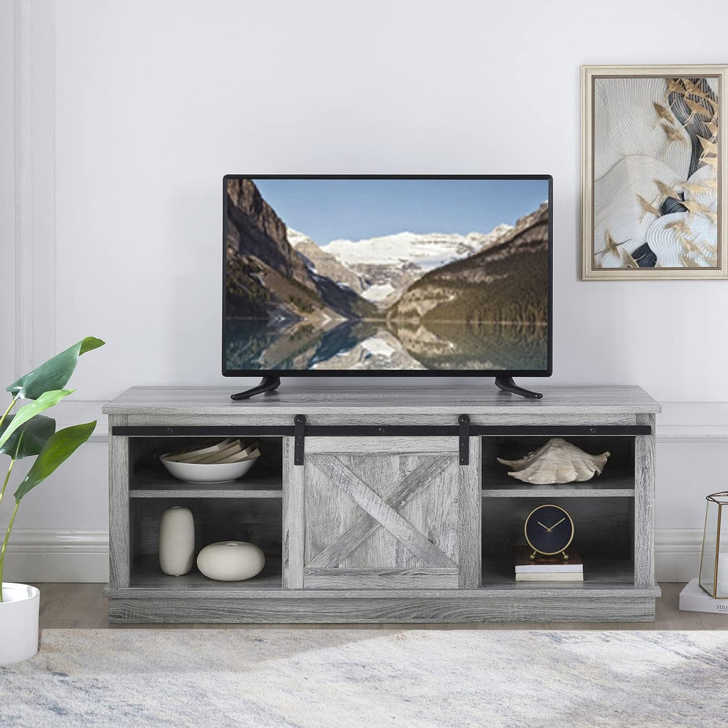Grey Sliding Barn Door TV Stand with Storage Cabinet and Shelves N7147