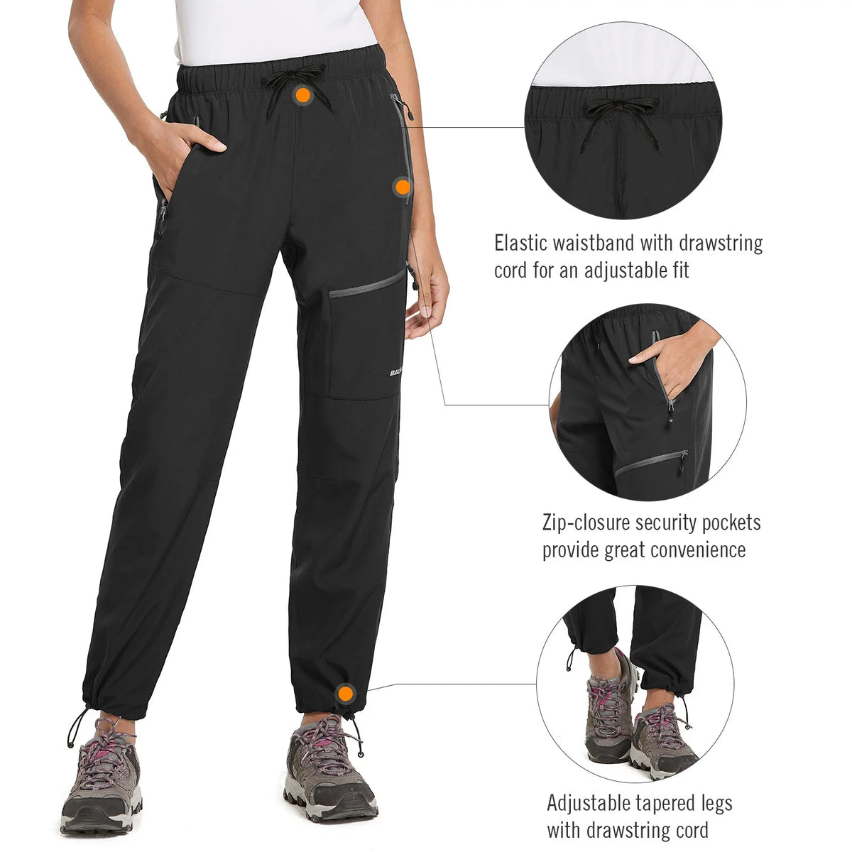 Black Quick Dry Water Resistant Cargo Pants with 4 Zip-Closure Pockets H808499