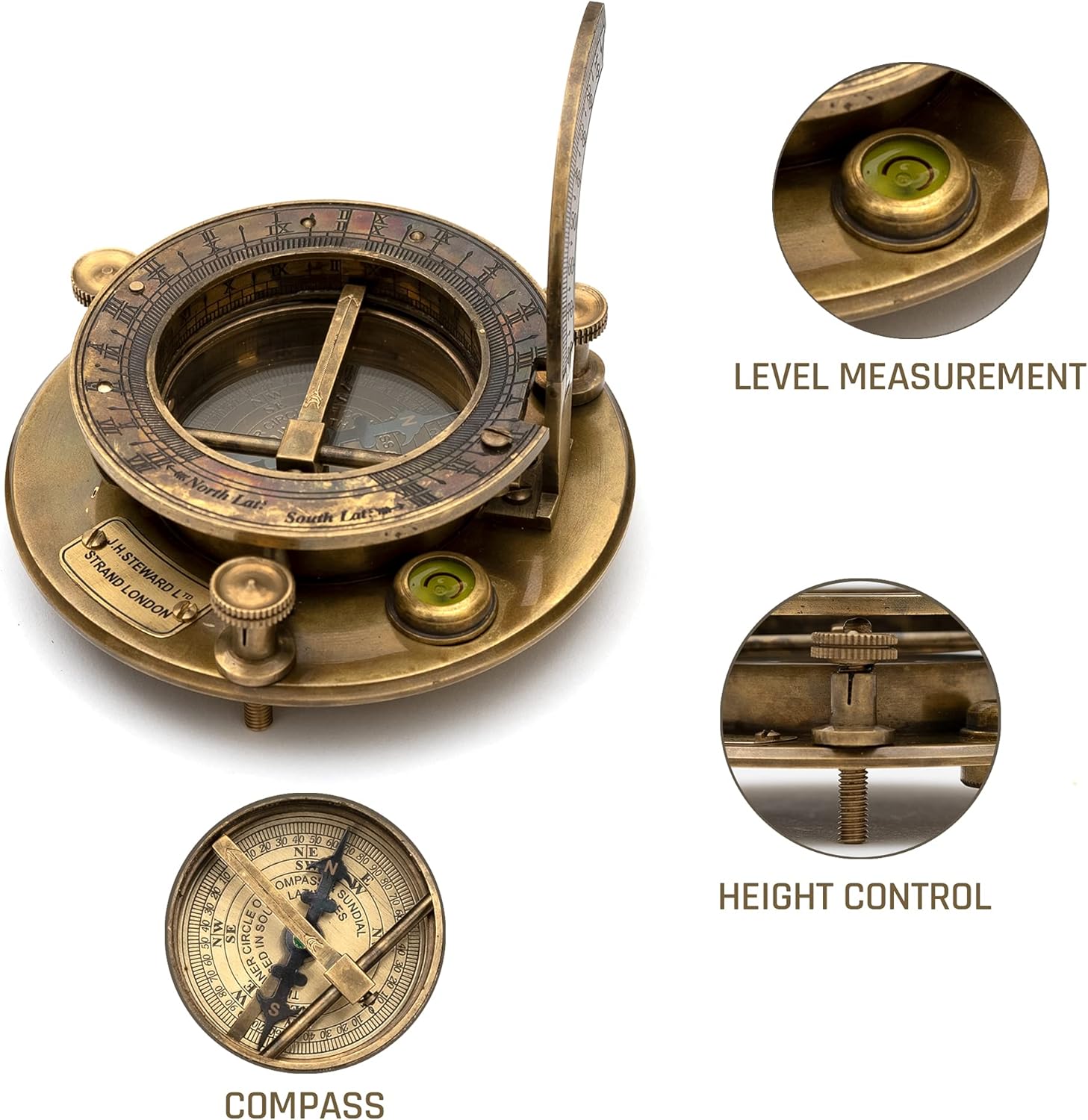 Antique Look Brass Sundial Compass with Wooden Box, Pack of 2 D377