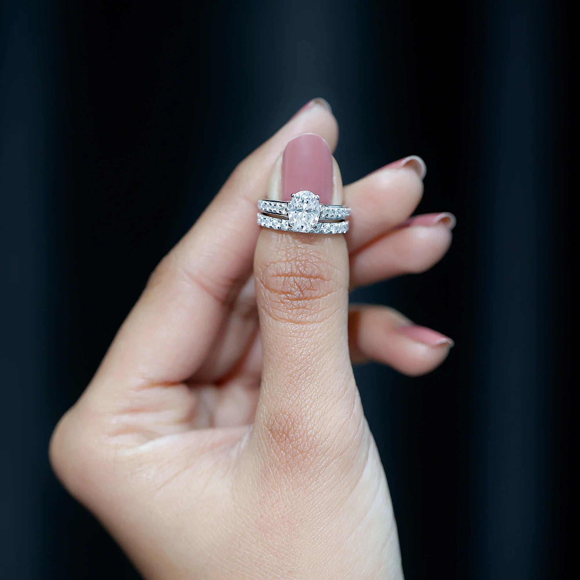 Oval Moissanite Bridal Ring Set, 10K White Gold, US 3.50 J310