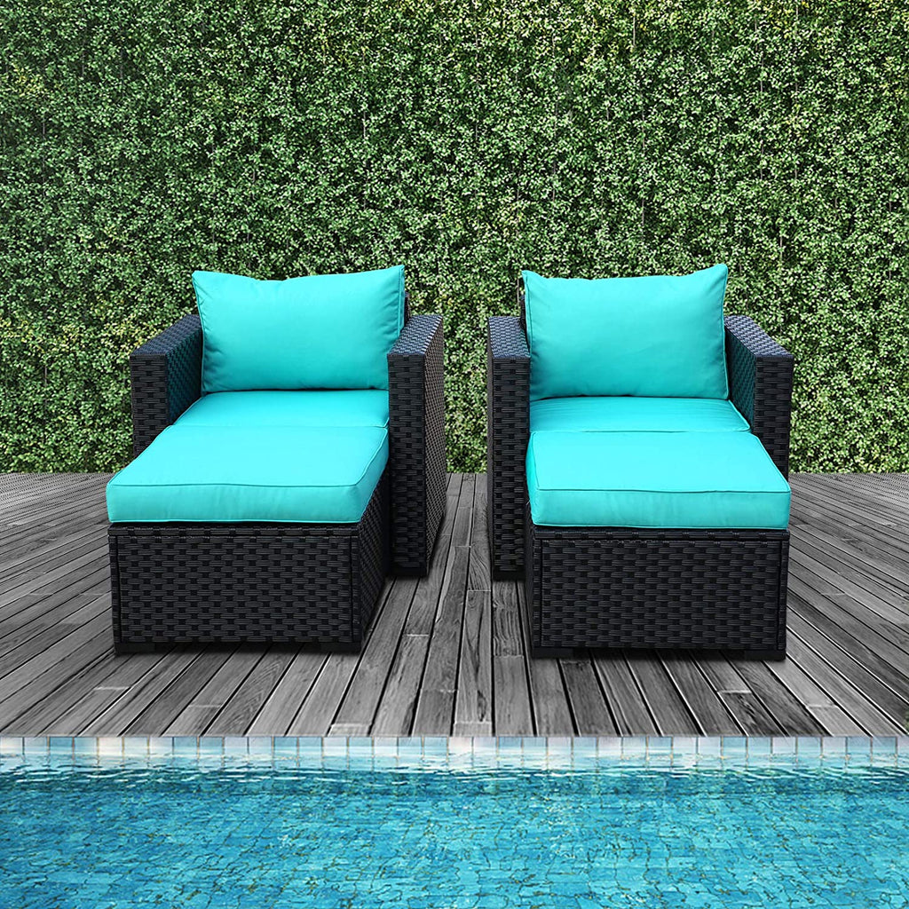 Black Rattan 4 Piece Outdoor Wicker Sectional Sofa with Turquoise Cushions S613