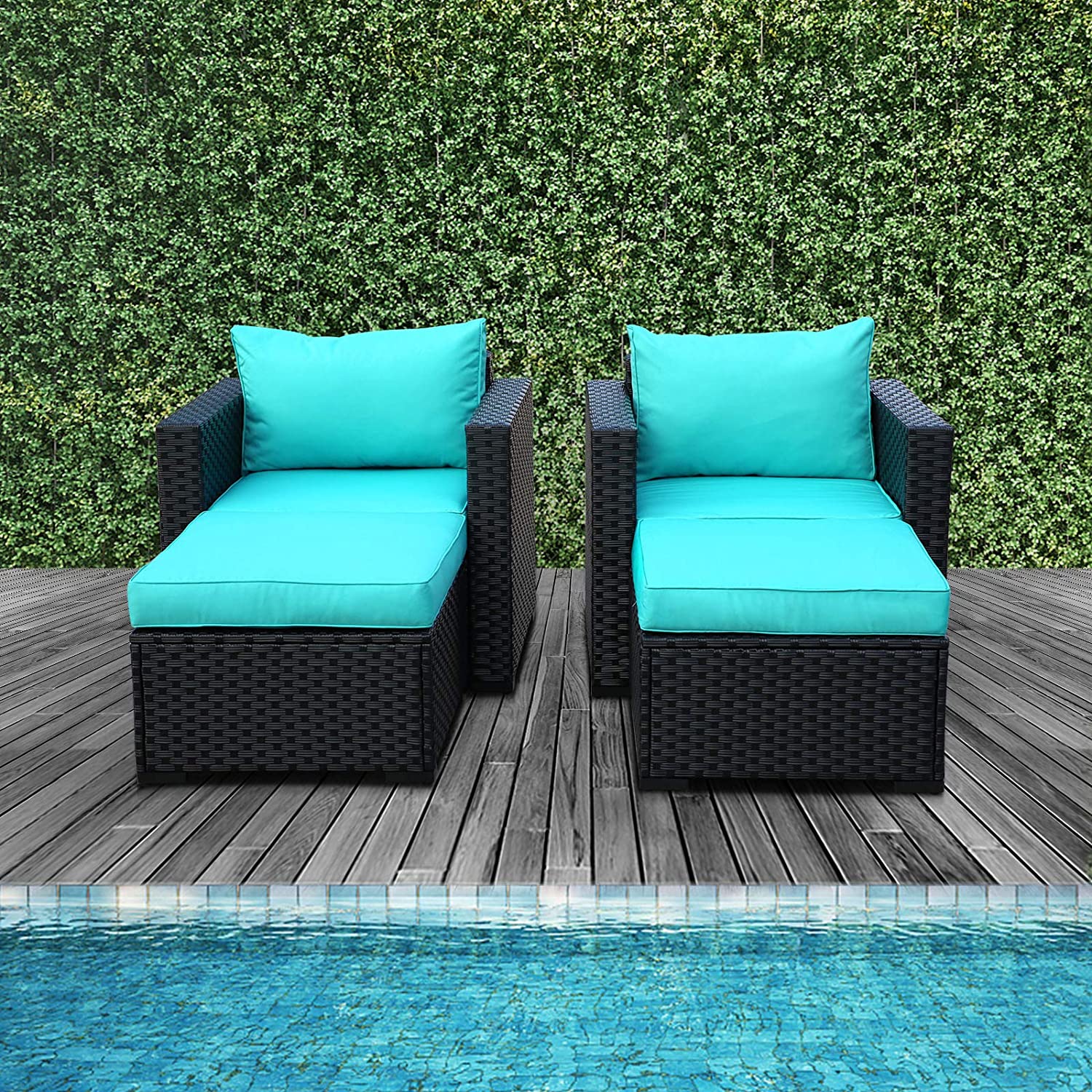 Black Rattan 4 Piece Outdoor Wicker Sectional Sofa with Turquoise Cushions S613