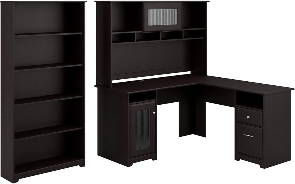 White 60W L Shaped Computer Desk with Hutch and 5 Shelf Bookcase M999