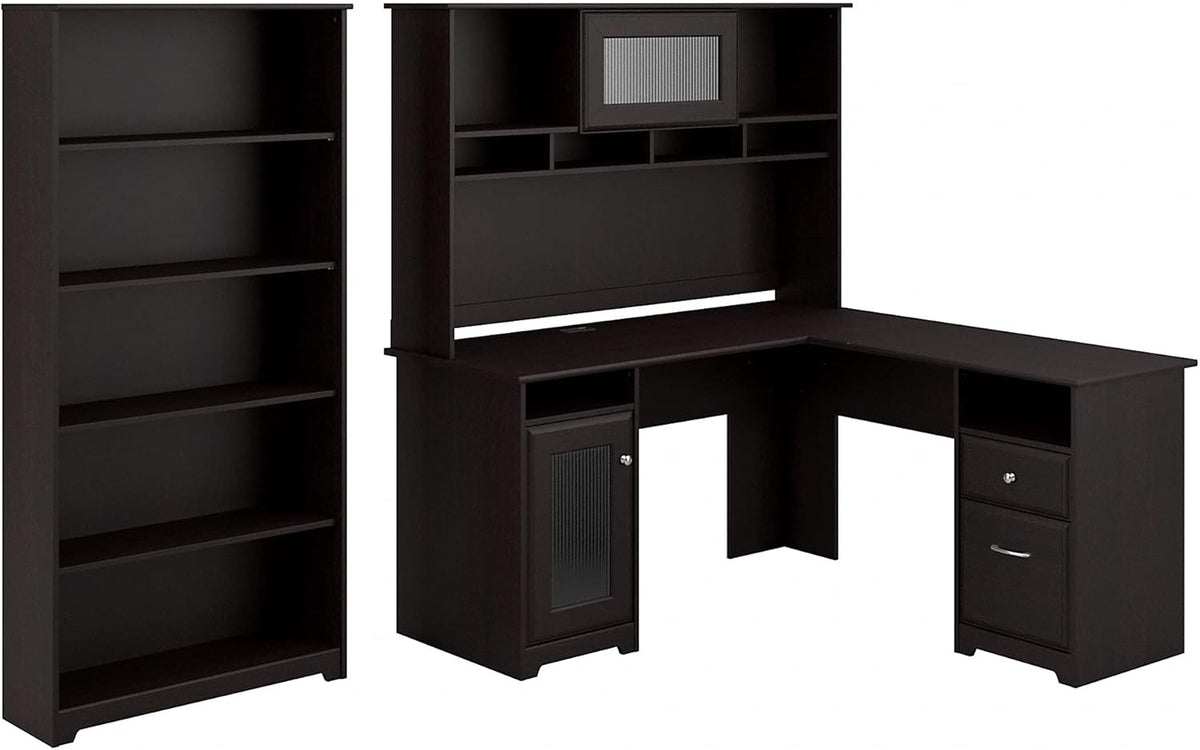 White 60W L Shaped Computer Desk with Hutch and 5 Shelf Bookcase M999