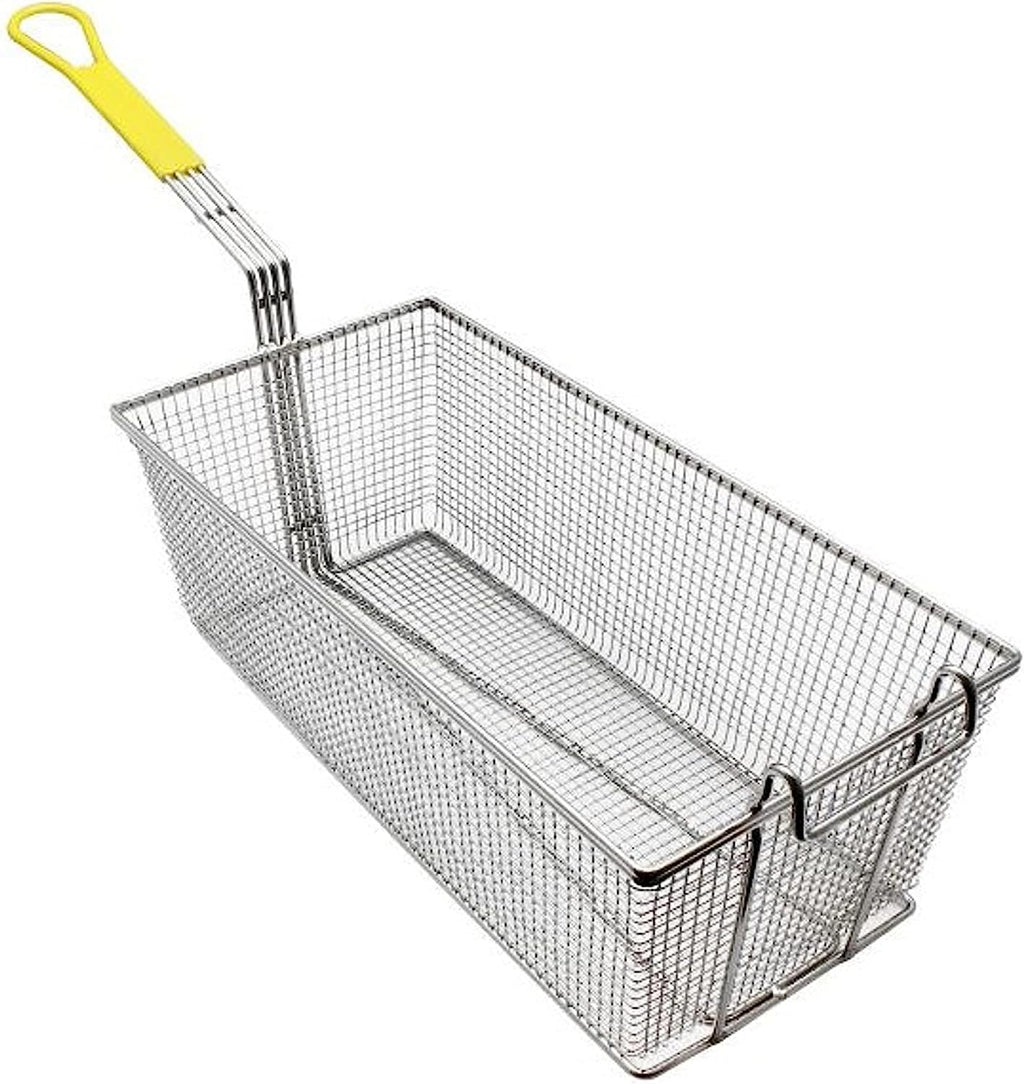 17" x 8" x 5-3/4" Rectangular Deep Fry Basket with Hook Heavy Duty Nickel Plated Iron with Yellow Coated Handle H956648
