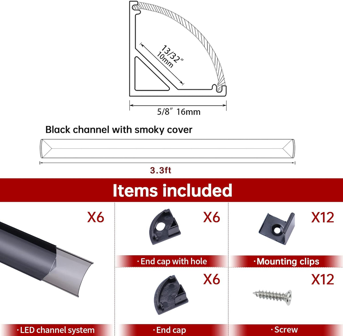 10 Pack 6.6FT Black Aluminum LED Channel System with Clear Cover Lens J3499