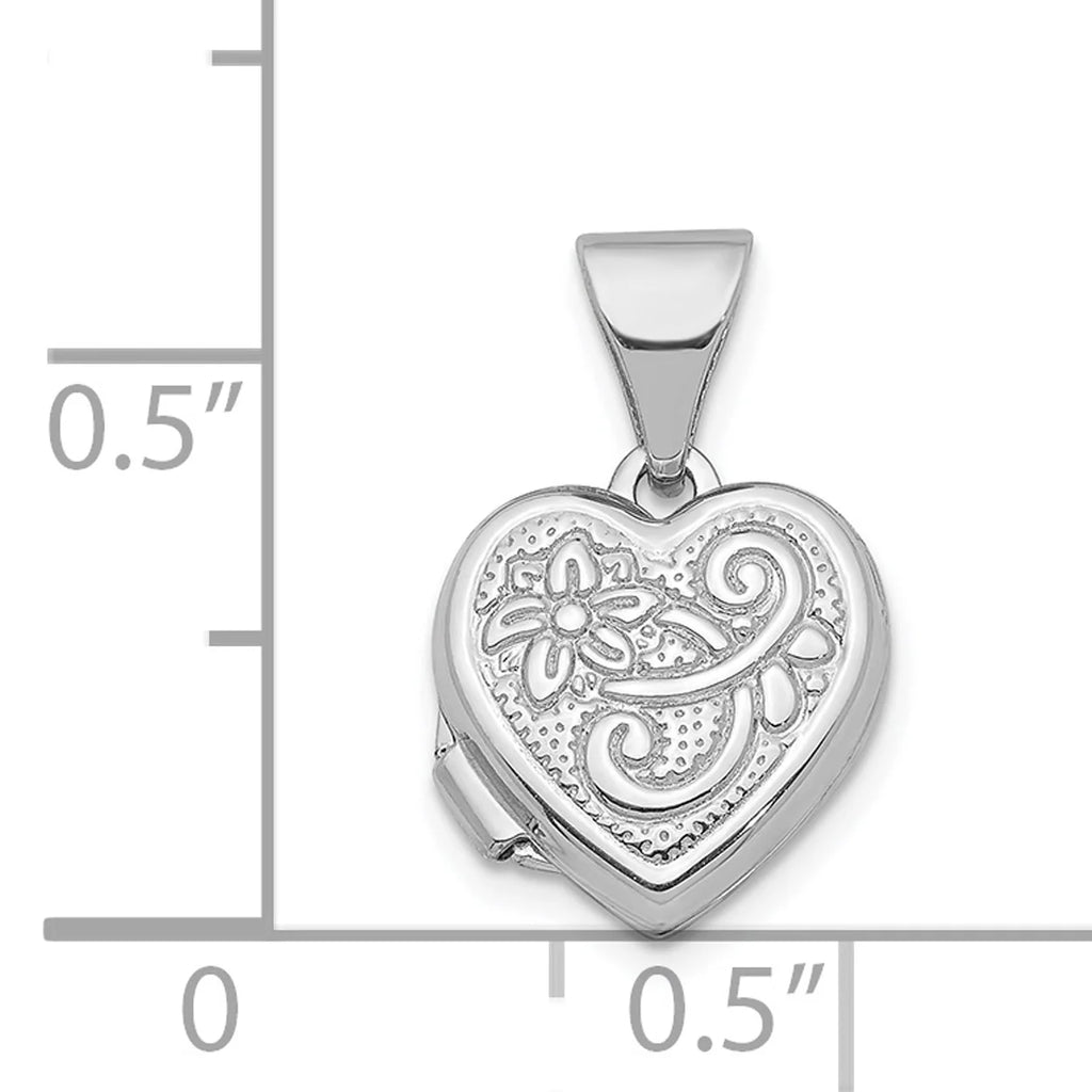 14K White Gold Rhodium Plated Flower Heart Locket Pendant Charm D5222