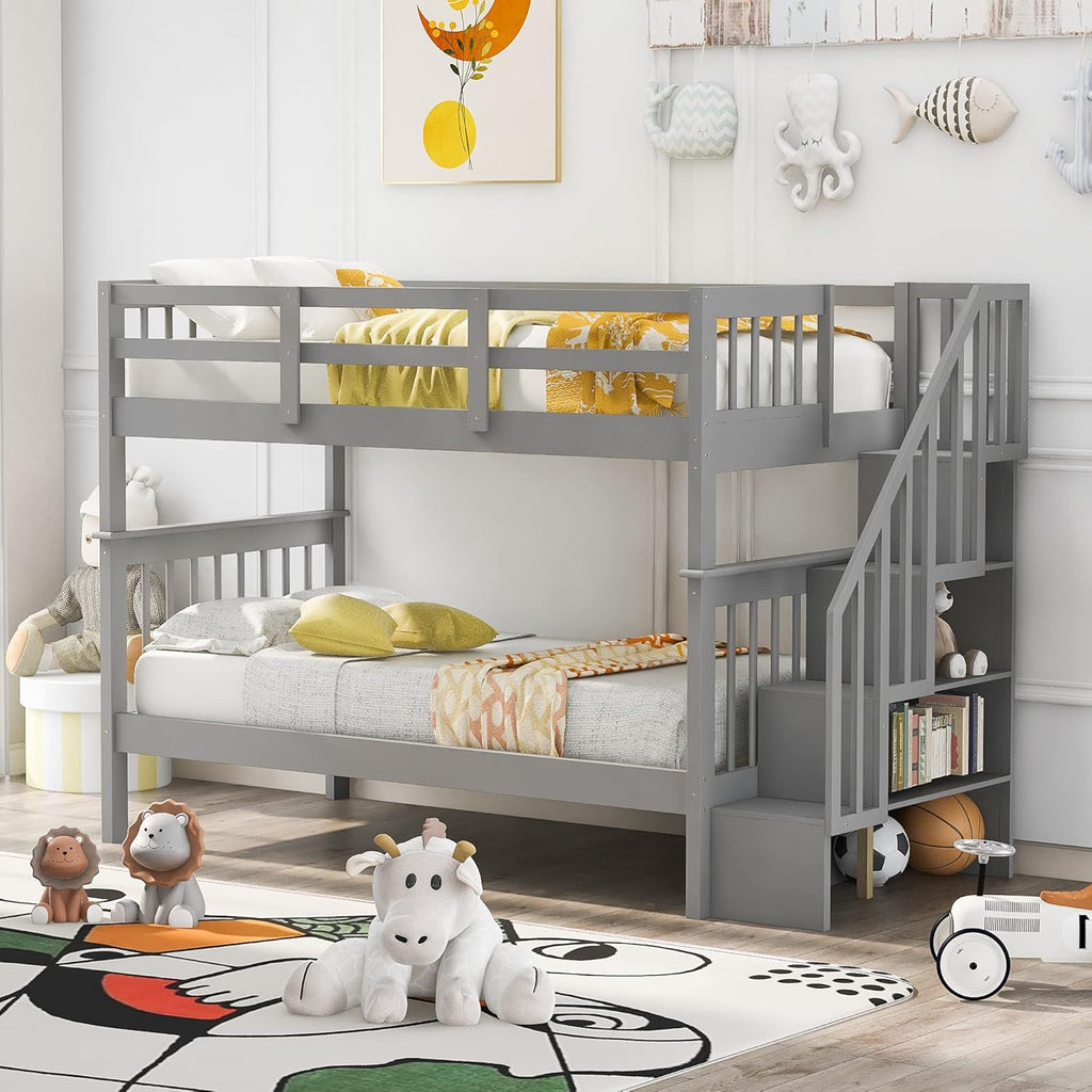 Twin Floor Loft Bed with Slide and Storage Staircase, Grey P9630