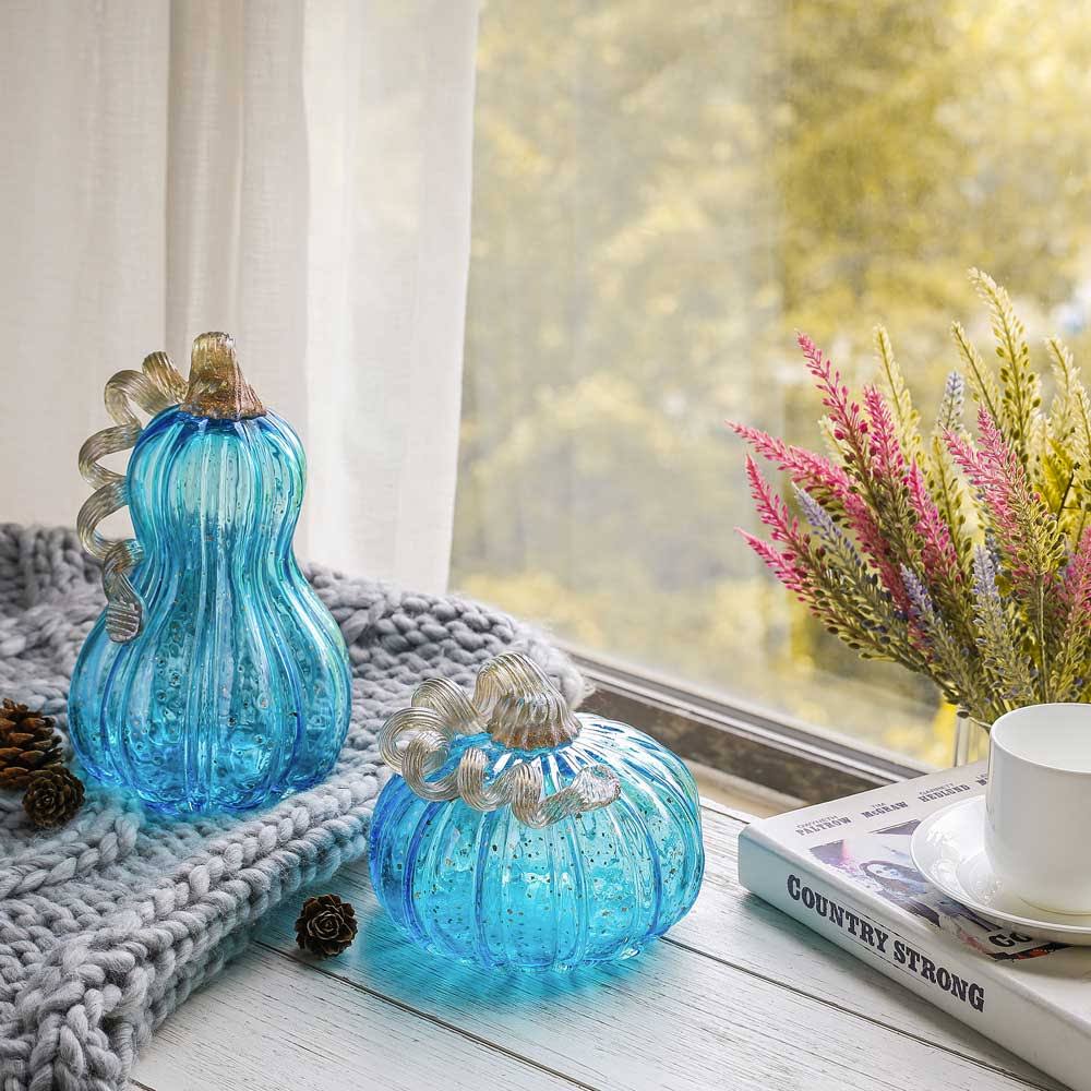 Blue Glass Pumpkin Decor E527