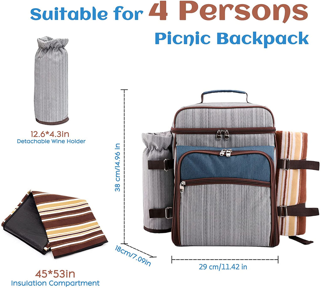 Picnic Backpack Set for 4 Person with Cooler Compartment, Fleece Blanket, Plates and Cutlery Set（Grey） P39475