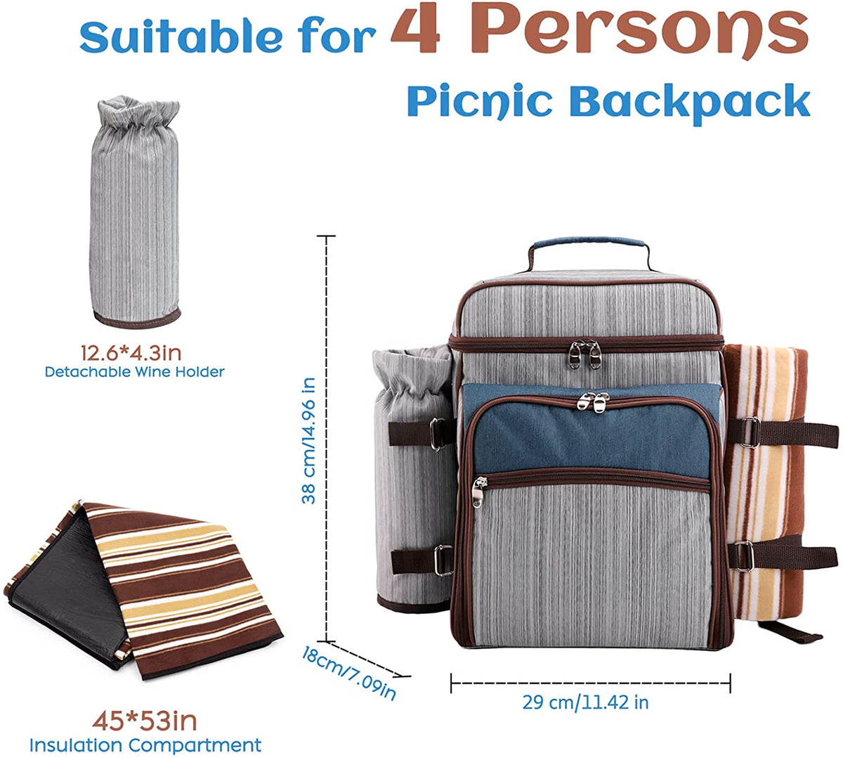 Picnic Backpack Set for 4 Person with Cooler Compartment, Fleece Blanket, Plates and Cutlery Set（Grey） P39475