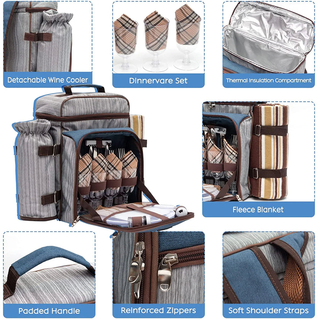 Picnic Backpack Set for 4 Person with Cooler Compartment, Fleece Blanket, Plates and Cutlery Set（Grey） P39475