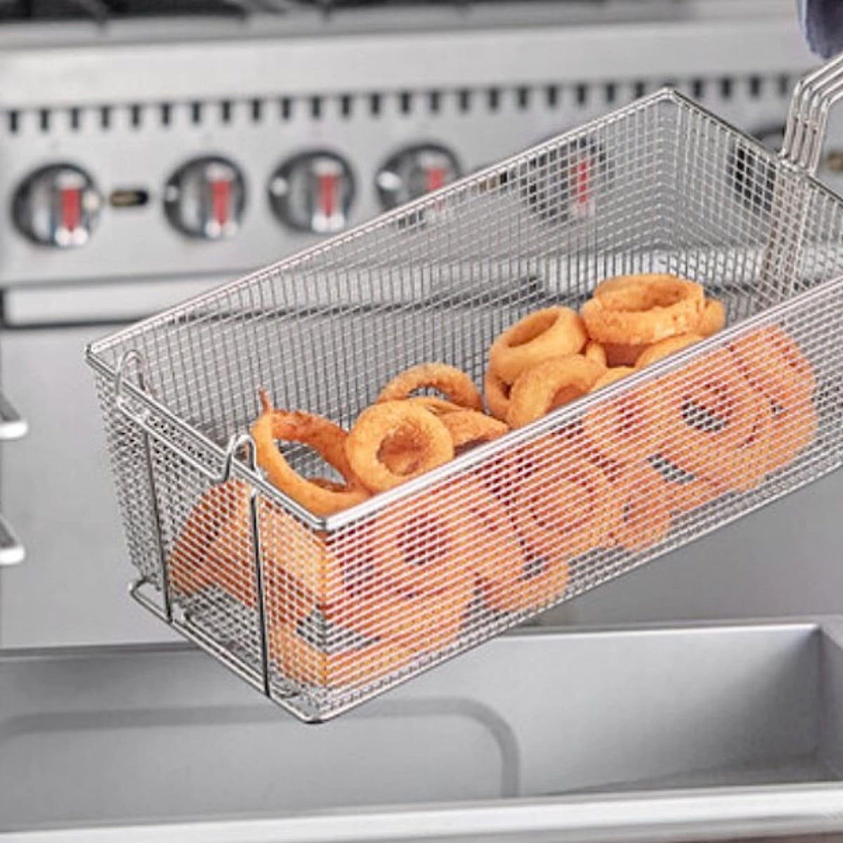 17" x 8" x 5-3/4" Rectangular Deep Fry Basket with Hook Heavy Duty Nickel Plated Iron with Yellow Coated Handle H956648