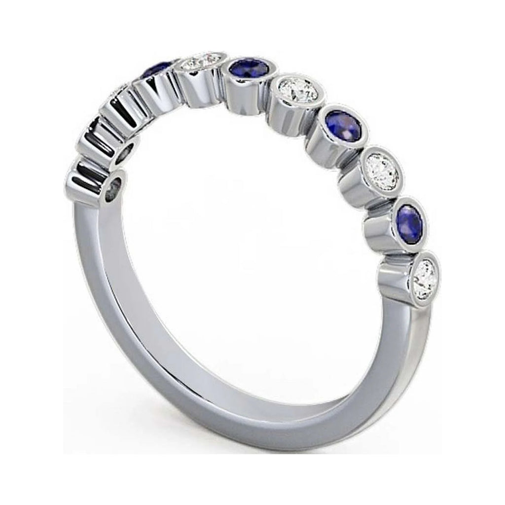 14K White Gold Eternity Band with Round Cut Diamond and Blue Sapphire Q19994