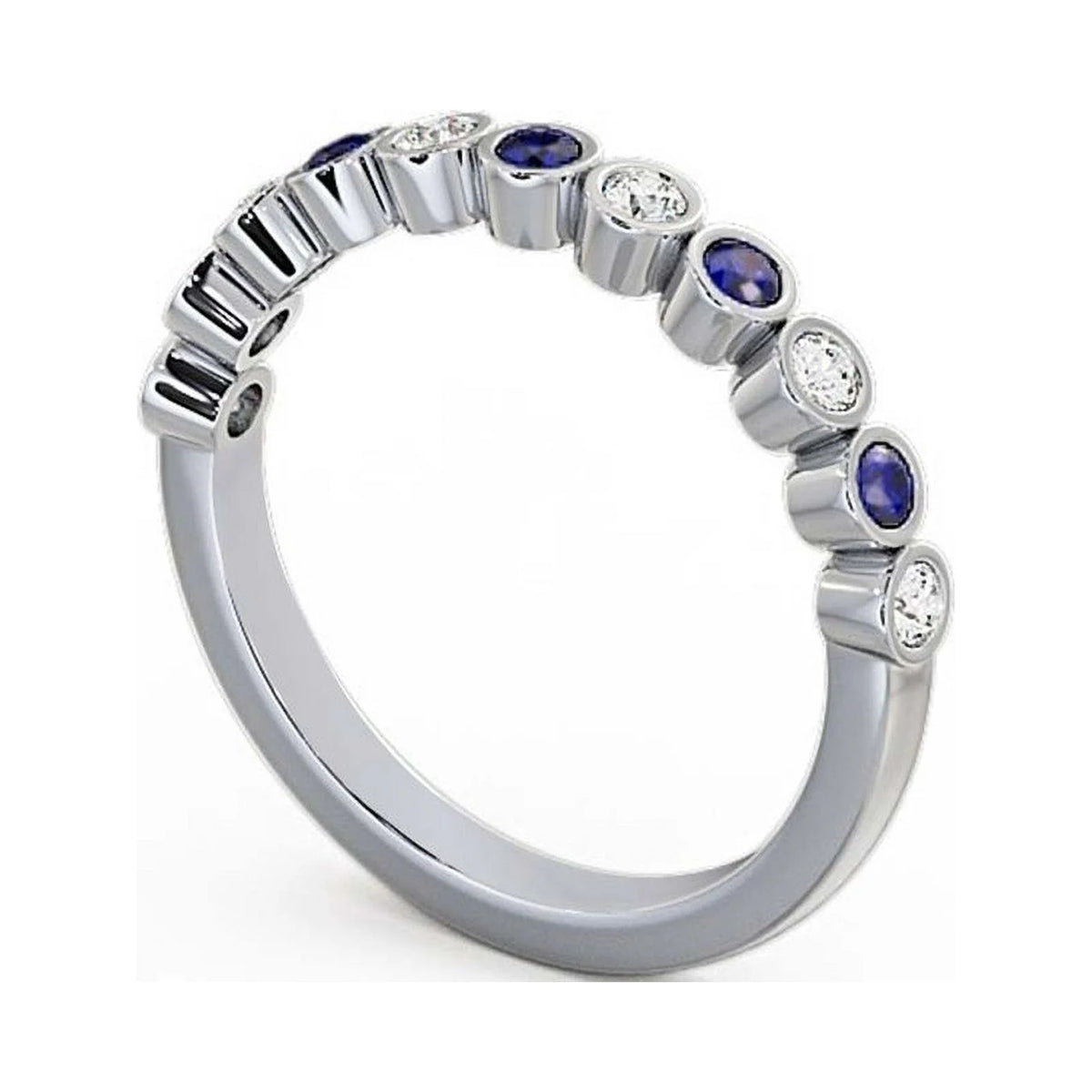 14K White Gold Eternity Band with Round Cut Diamond and Blue Sapphire Q19994