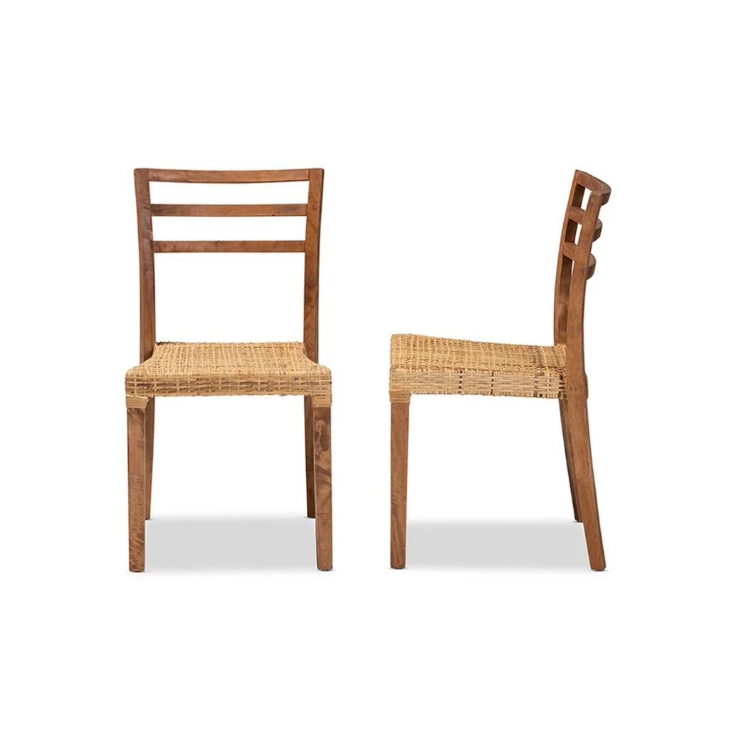 Walnut Brown Wood and Natural Rattan 2-Piece Dining Chair Set S2657