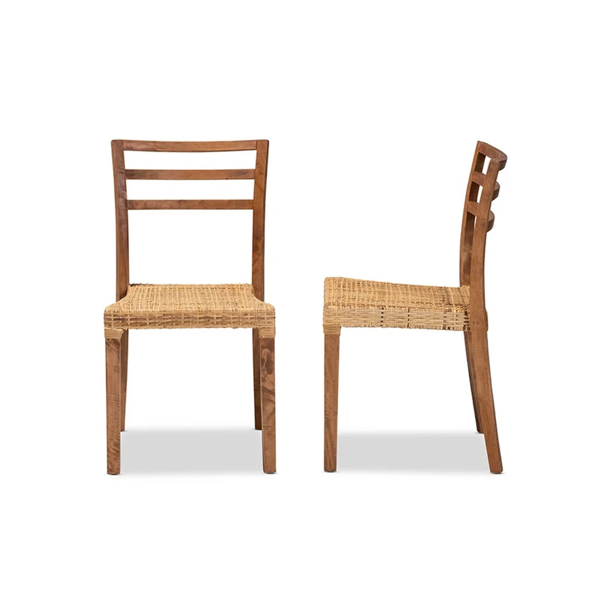 Walnut Brown Wood and Natural Rattan 2-Piece Dining Chair Set S2657