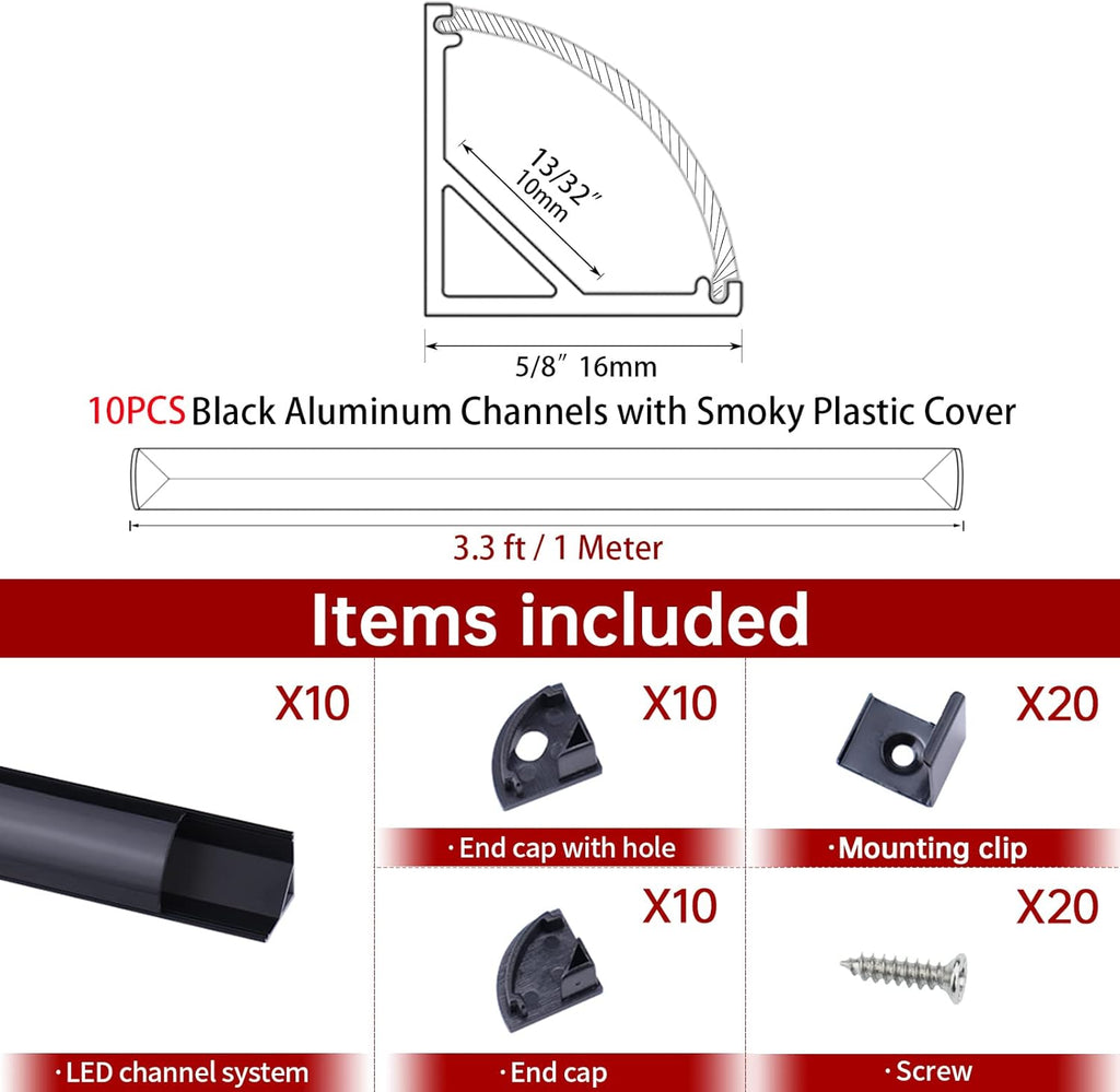 10 Pack 6.6FT Black Aluminum LED Channel System with Clear Cover Lens J3499