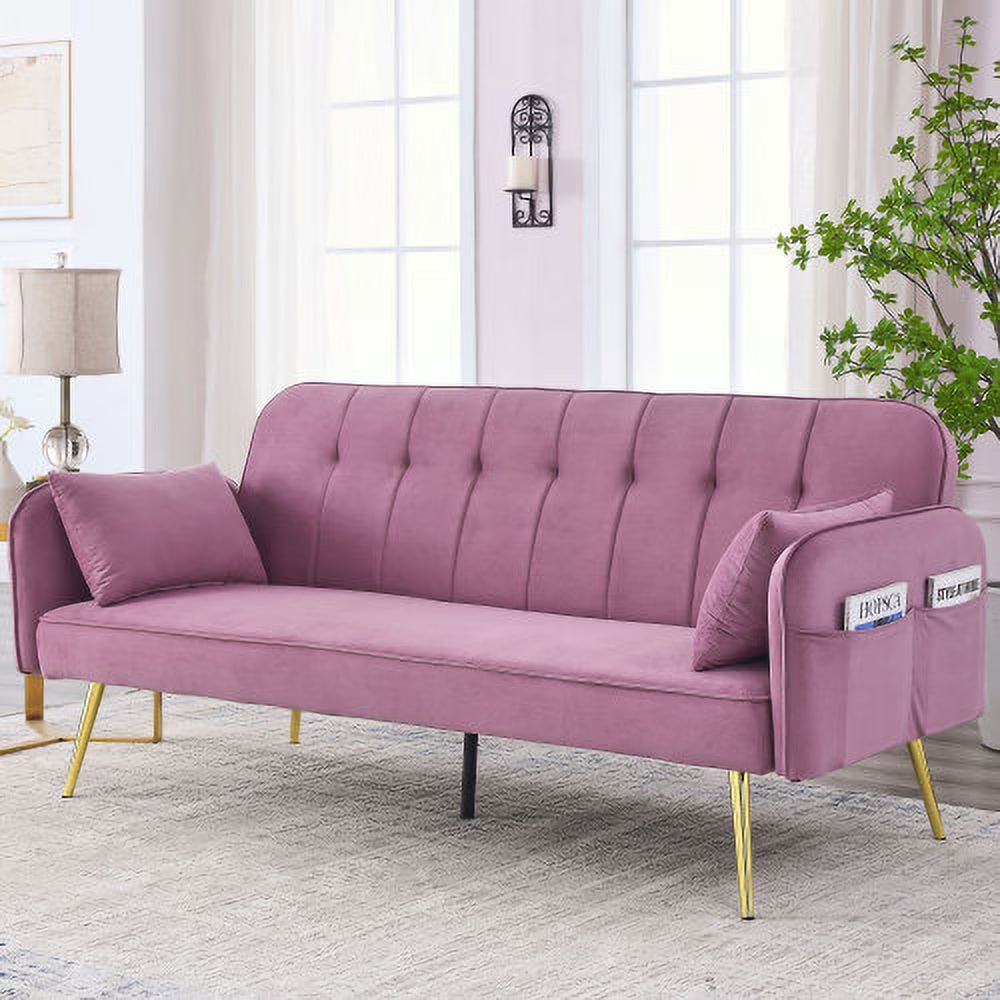 Convertible Velvet Sofa Bed with Two Pillows and Center Leg A92722