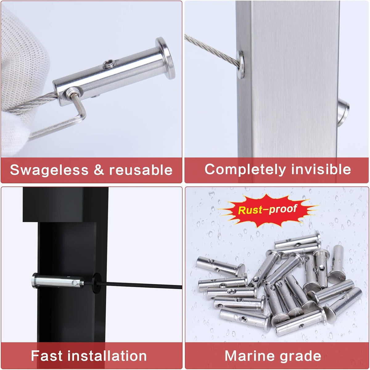 10Pack Cable Railing Kit Invisible Swageless 1/8 Terminal Receiver Flat Head Hidden for 2x2 Metal Post Deck Stairs X675