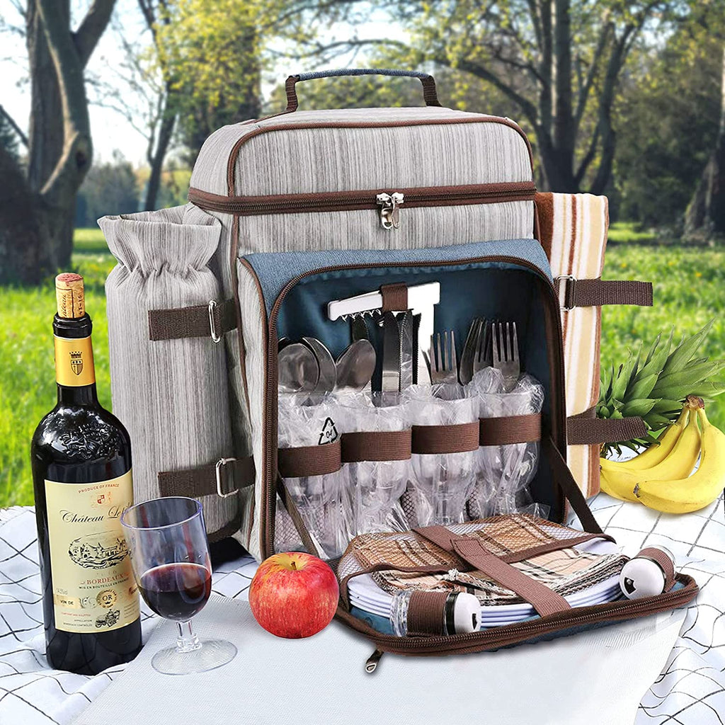Picnic Backpack Set for 4 Person with Cooler Compartment, Fleece Blanket, Plates and Cutlery Set（Grey） P39475