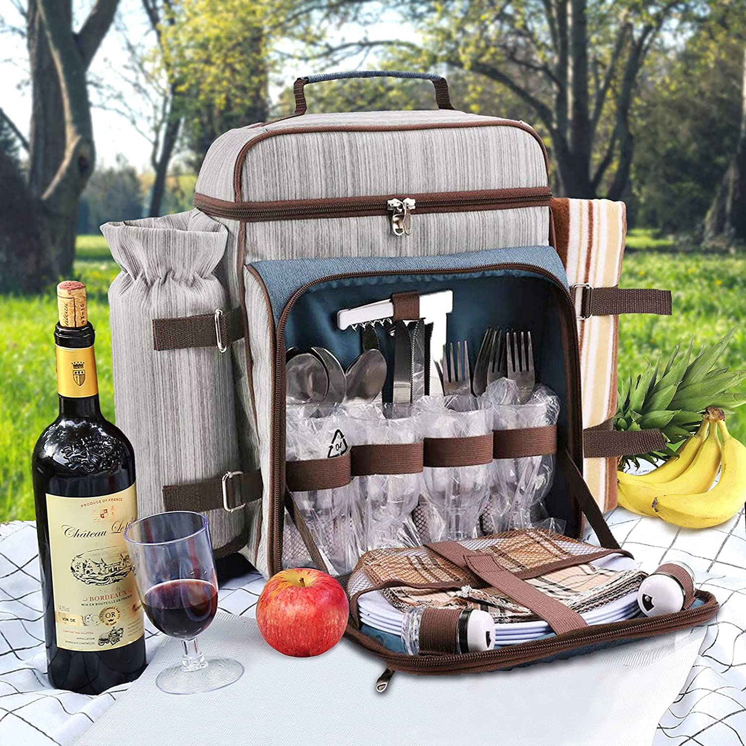 Picnic Backpack Set for 4 Person with Cooler Compartment, Fleece Blanket, Plates and Cutlery Set（Grey） P39475