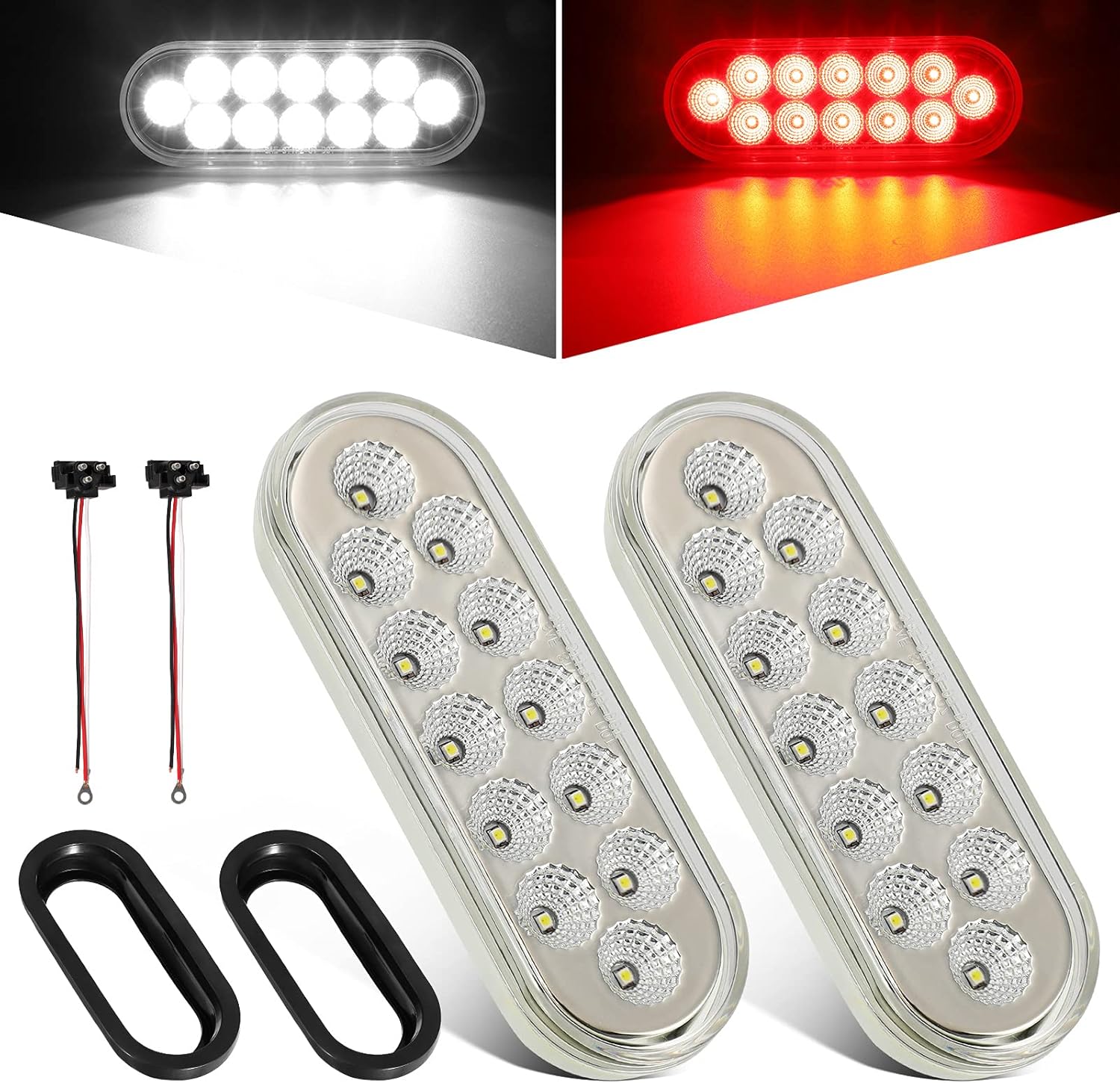 2Pcs 6.7 Inch Oval Red White LED Truck Trailer Tail Lights and Reverse Lights Kit I19725