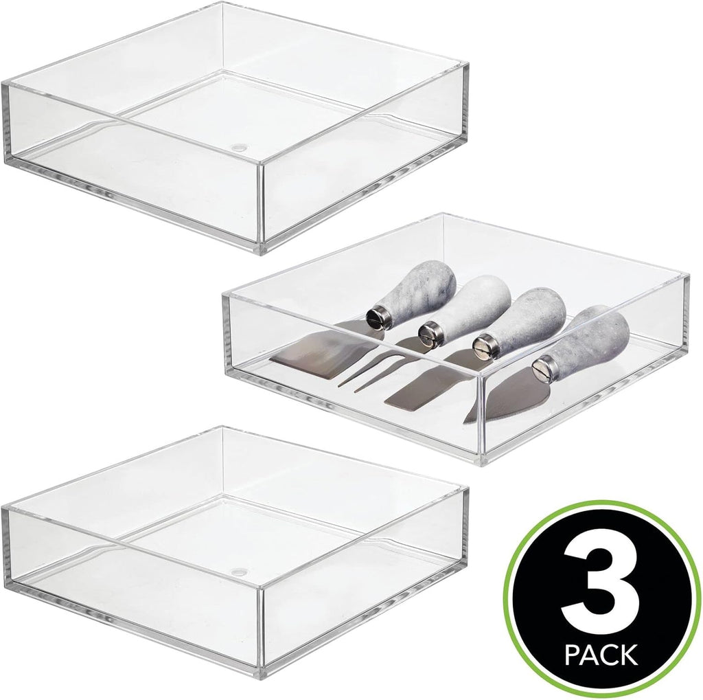 Plastic Pantry Organizer Bin Tray, 7.5 x 7.5 x 2, 3 Pack, Clear I2412