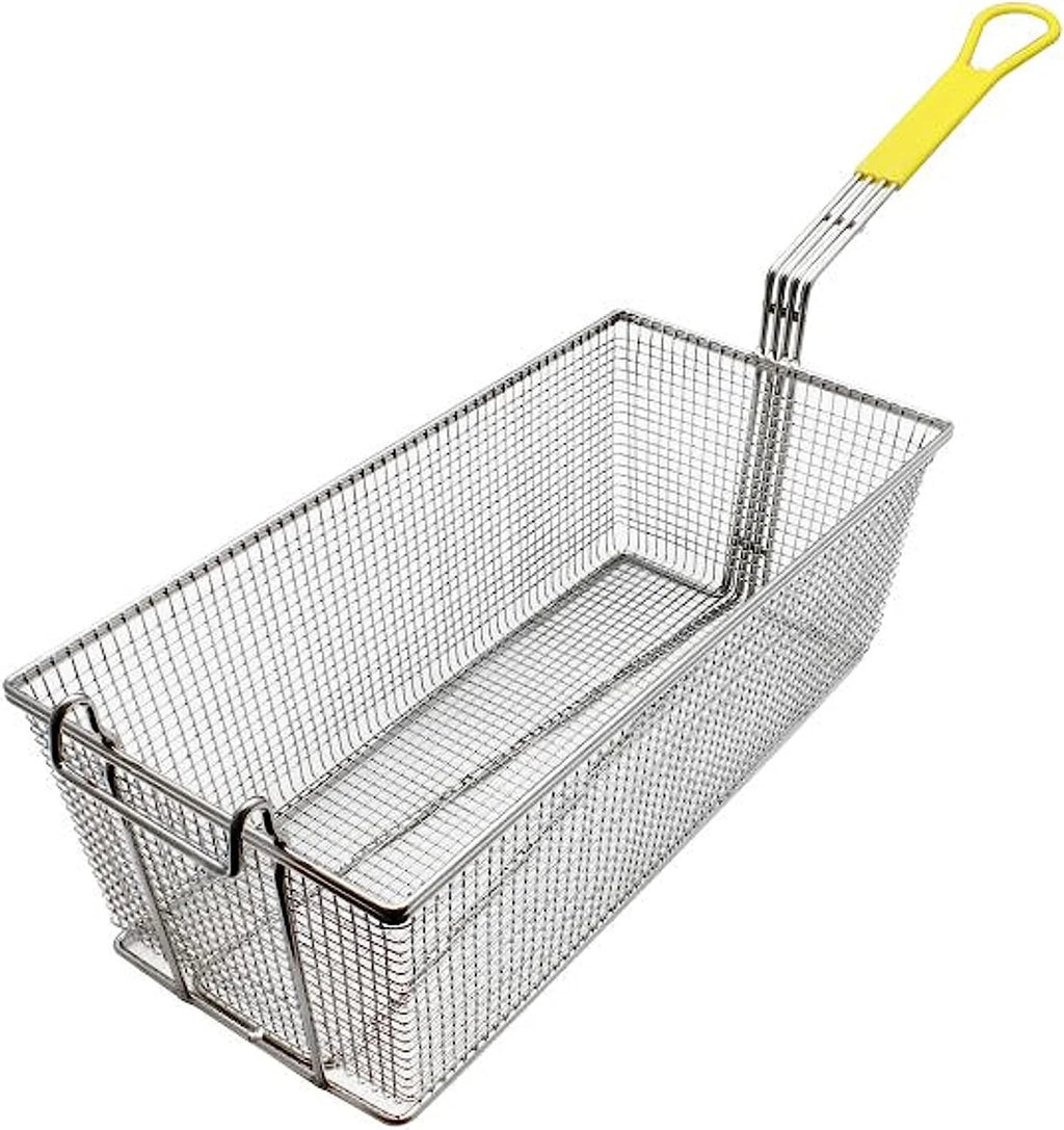 17" x 8" x 5-3/4" Rectangular Deep Fry Basket with Hook Heavy Duty Nickel Plated Iron with Yellow Coated Handle H956648