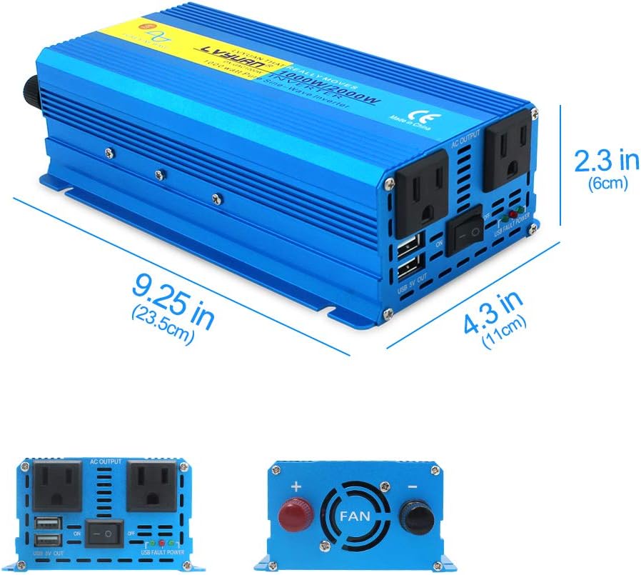 1000W Pure Sine Wave Power Inverter 12V to 110V DC to AC Converter Dual USB Ports Dual AC Outlets Pack of 2 Y39590