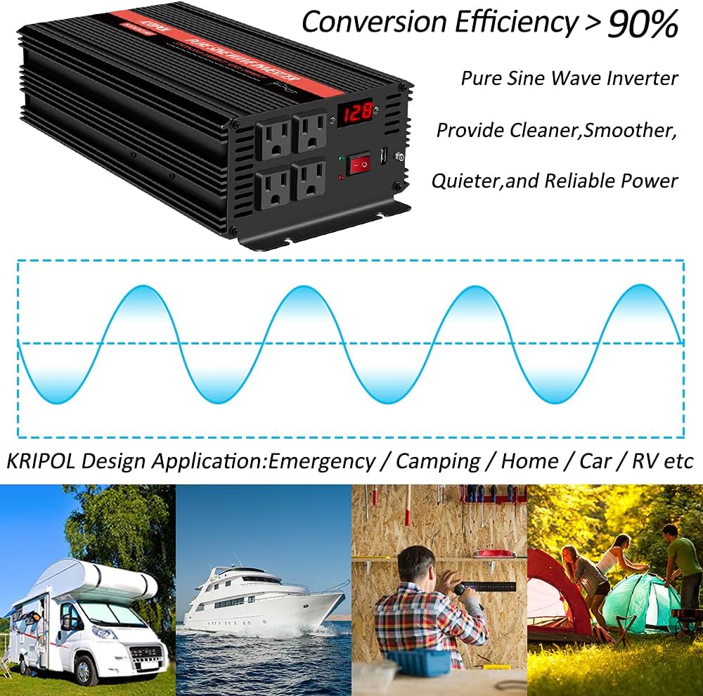 1000 Watt Pure Sine Wave Inverter 12v DC to 110/120v AC with 4 AC and USB Output M17490