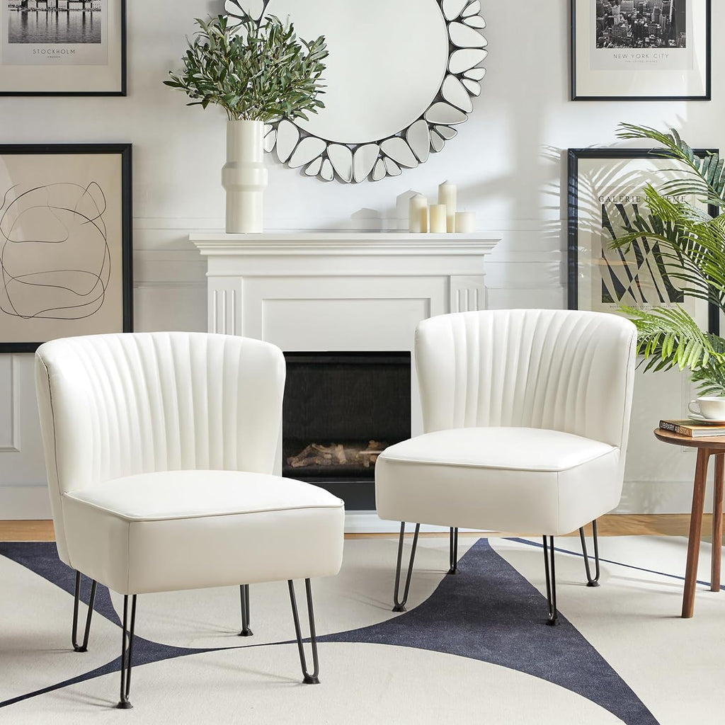 Ivory Faux Leather Accent Chairs Set Of 2 With Metal Base L1154