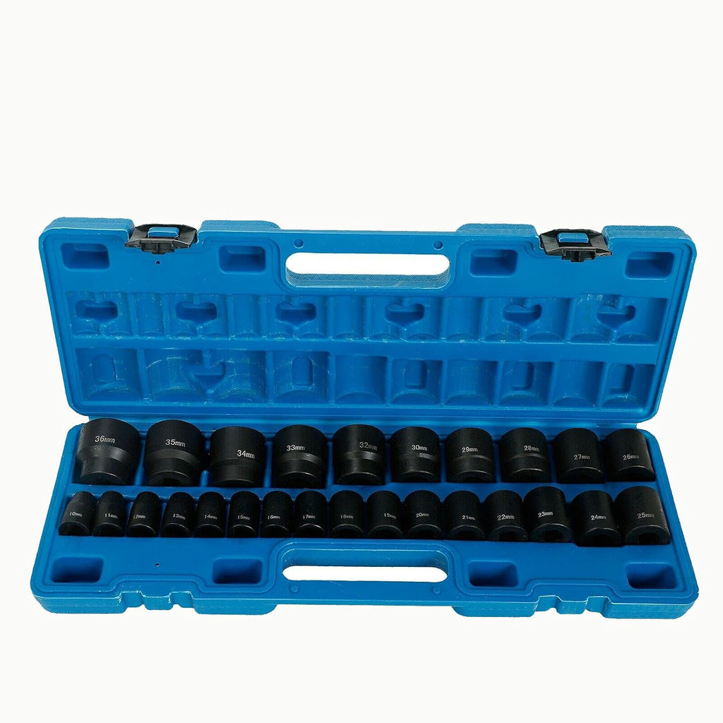 26 Piece 1/2 In Drive 6 Point Standard Impact Socket Set Deep Length Metric Sizes 10mm-36mm Storage Case X895932