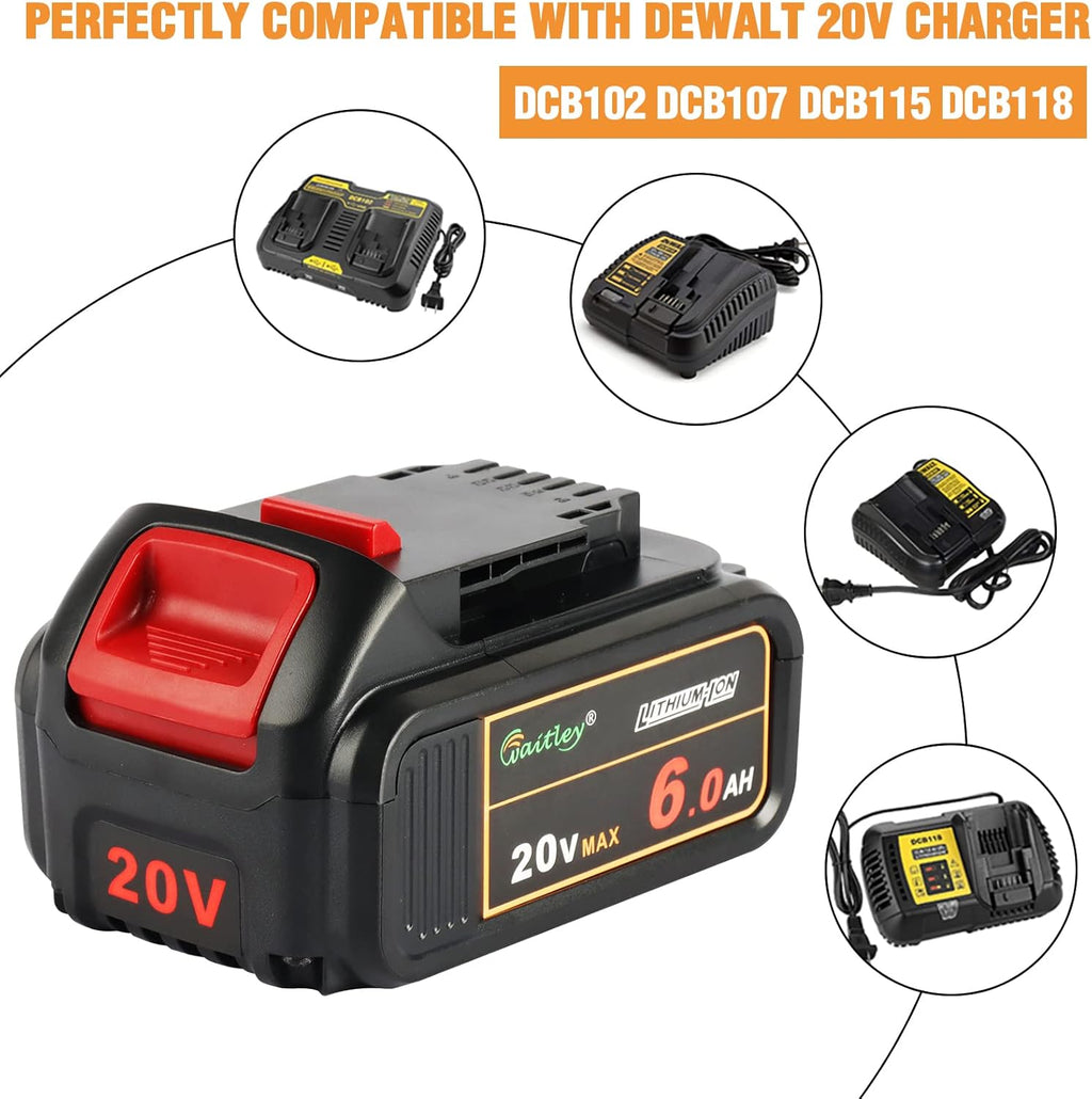 2 Pack 20V 6.0Ah Replacement Battery for Dewalt 20V Cordless Power Tool I9010